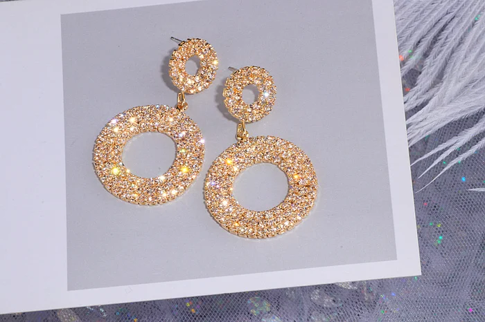 Модные серьги-капельки с двойными кругами и кристаллами для женщин, золотые стразы, круглые висячие серьги, вечерние ювелирные изделия WX213