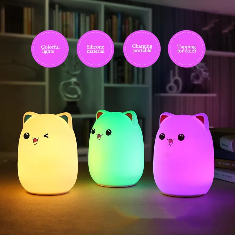  Touch Sensor Colorful Cat LED Night Light Remote Control RGB Silicone USB Rechargeable Bedroom Beds - 32975485672