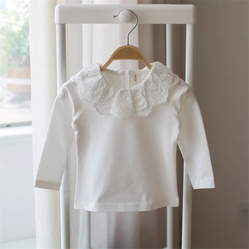 Милая Детская футболка с кружевами 2018 весна хлопок детский белый Цвет Одежда для малышек мягкие топы с длинными рукавами рост 70 см ~ 110 см