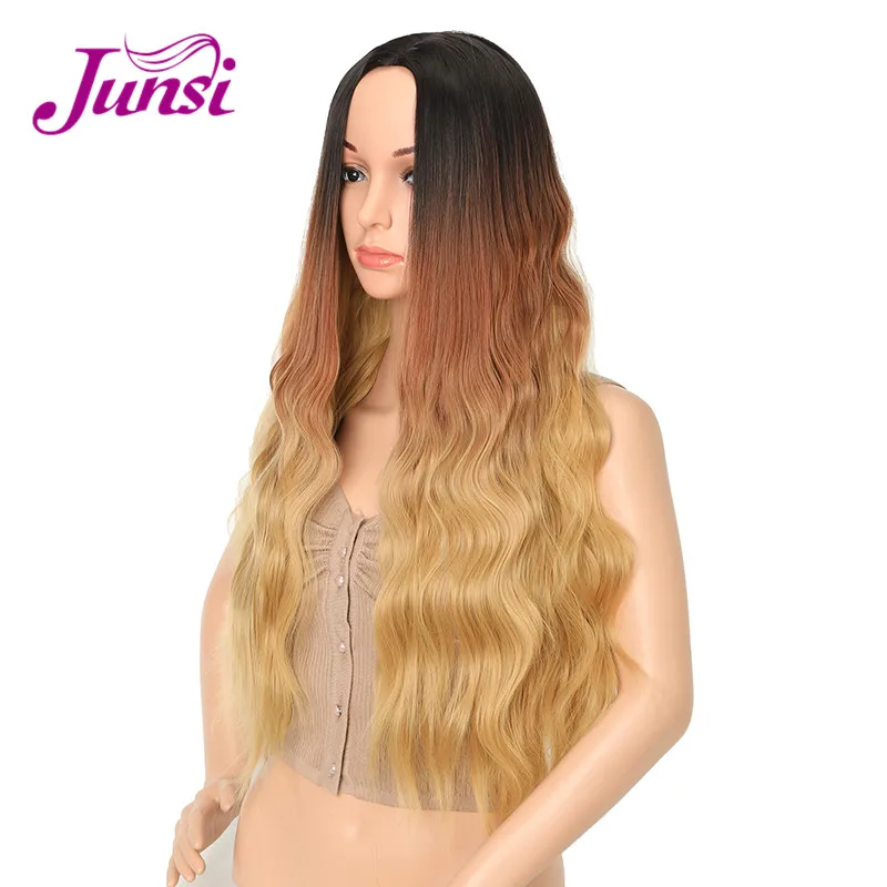 JUNSI 26 дюймов синтетический Ombre коричневый блондинка парик длинные воды Волнистые Искусственные парики для женщин высокое температура Воло