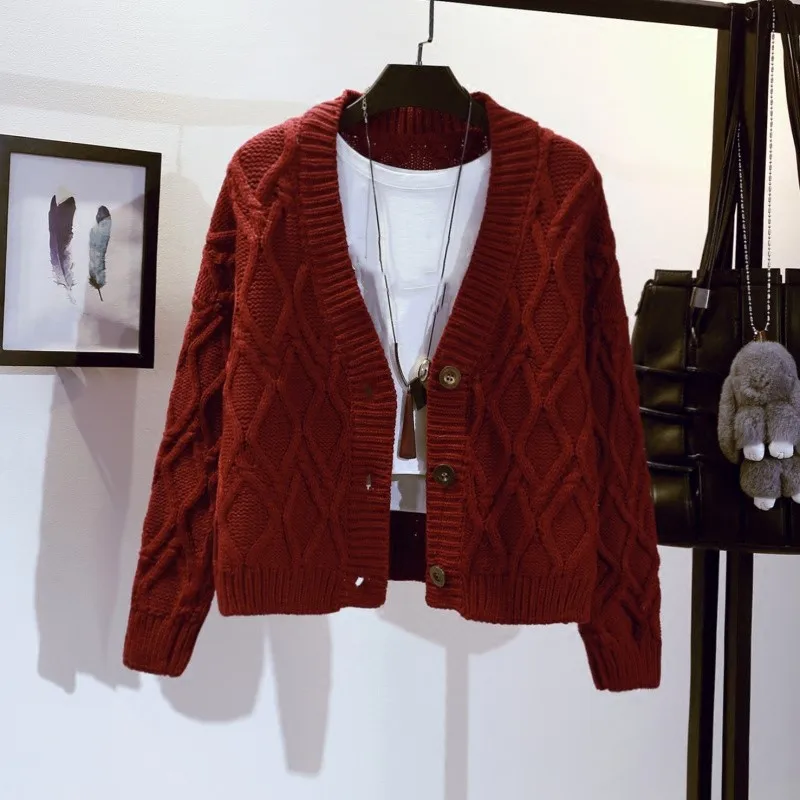 Neploe, геометрический свитер, кардиган, зимняя одежда, женское вязаное пальто, длинный рукав, v-образный вырез, Повседневная вязаная одежда, женские топы, джемпер 36044 - Цвет: rust red cardigan