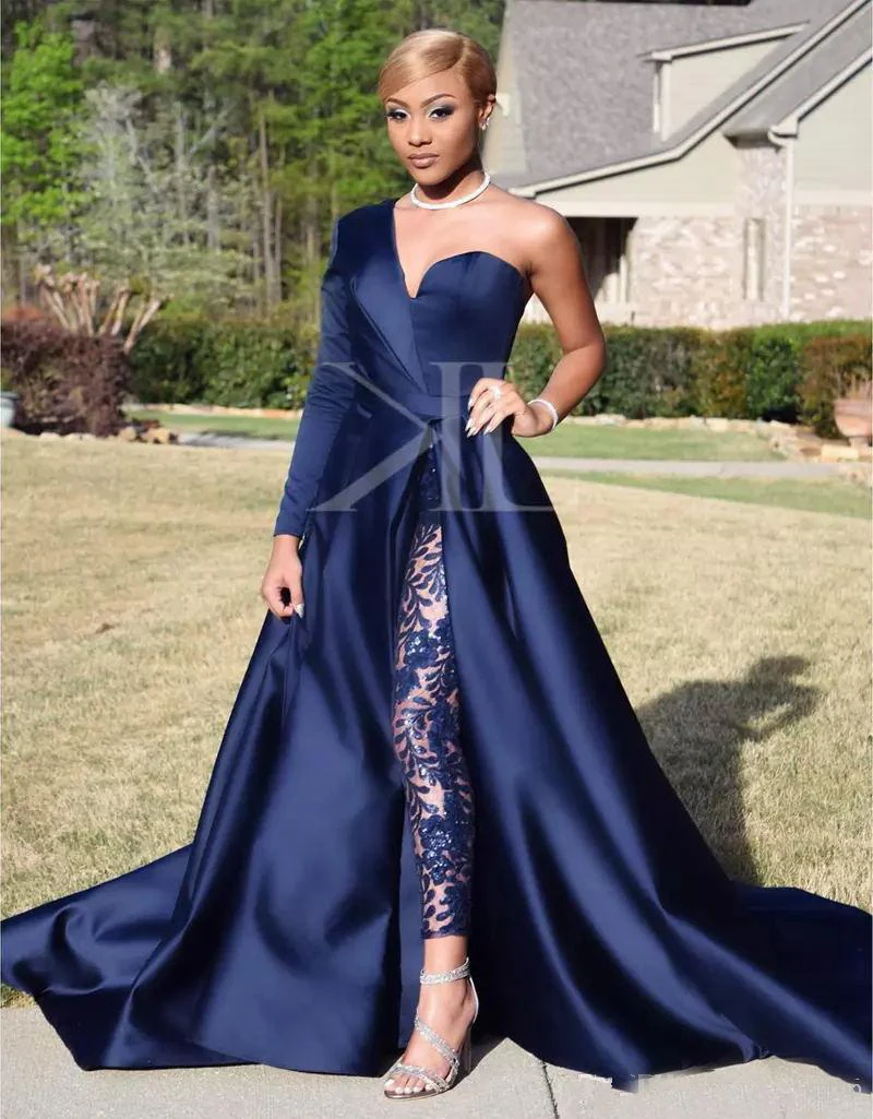 Navy Blue 2018 Evening Dresses Sexy One Shoulder Sleeve Jumpsuit Evening Gowns Soft Satin Court Train Prom Party Gowns139