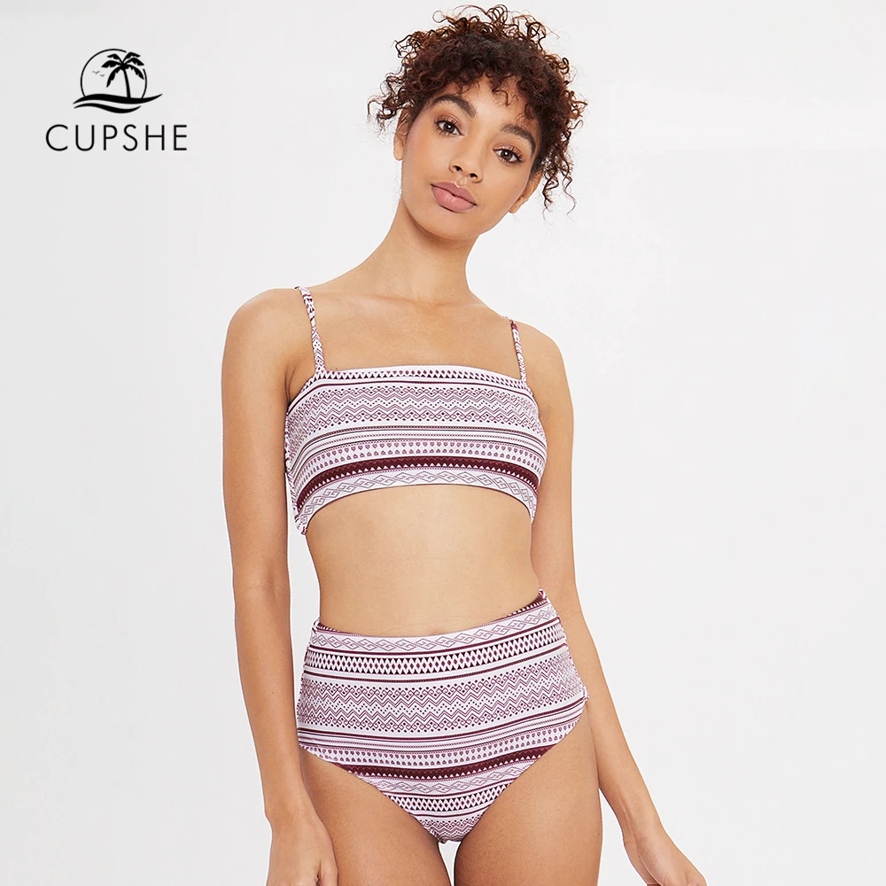 CUPSHE Burgundy Boho Print High waisted Bikini Sets Women Bandeau Two