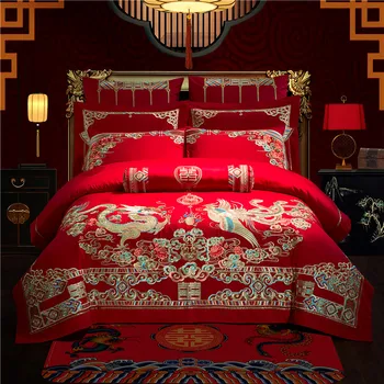 

100% Cotton Luxury Red Wedding 4/6/9pcs Bedding Set Golden Phoenix Dragon Embroidery Duvet Cover Bed Sheet Bedspread Pillowcases