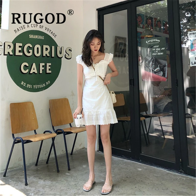Женское ажурное платье RUGOD белое кружевное мини на шнуровке с пышными рукавами в