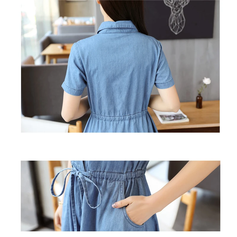 Summmer Buttons Jeans Dresses For Women Short Sleeve Denim Dress Women Fashion Pockets Elegant Slim Denim Cowboy Dress Ladies