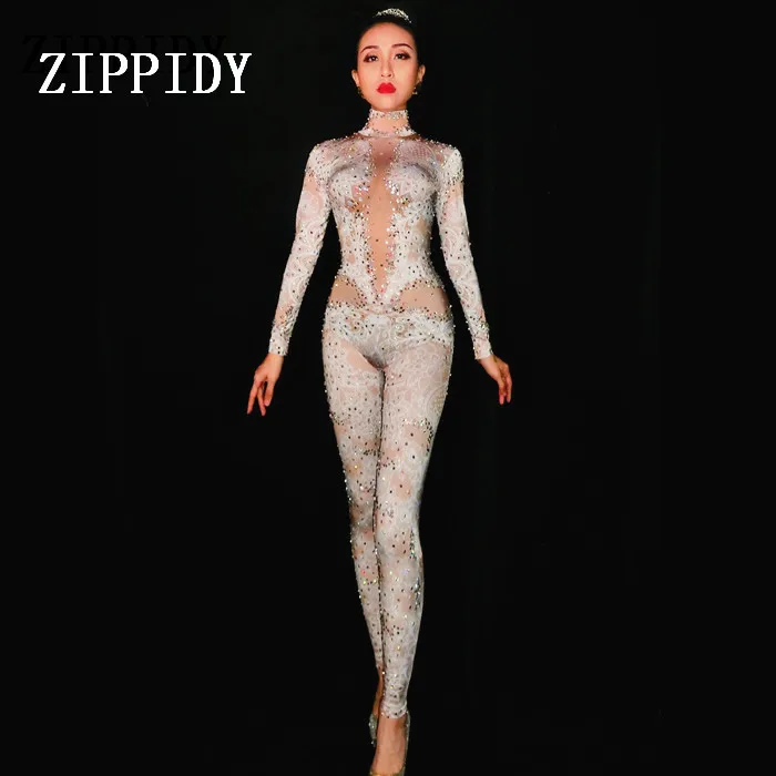

White Lace Printed Spandex Jumpsuit Rhinestones Leggings One Piece Women's Stage Costume Nightclub Dance Bodysuit