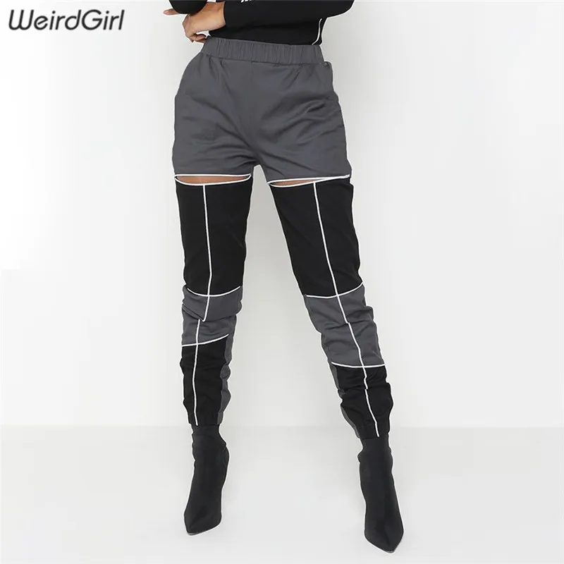 Weirdgirl women reflective striped casual pants fashion streetwear patchwork high waist cargo pant lady long trousers summer new Weirdgirl women reflective striped casual pants fashion streetwear patchwork high waist cargo pant lady long trousers summer new