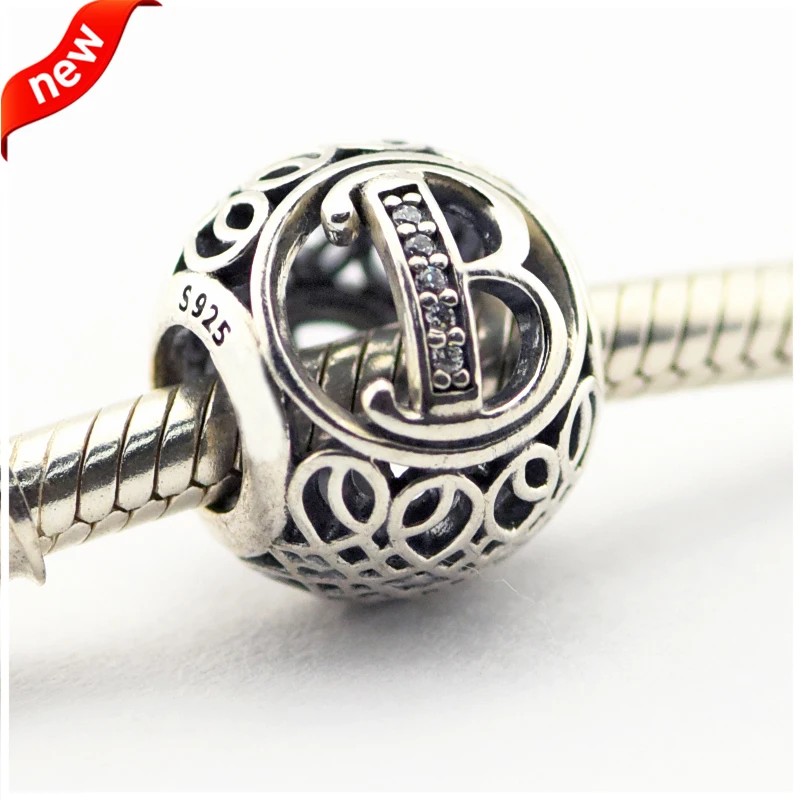 

FANDOLA Genuine 925 Sterling-Silver-Jewelry Beads for Jewelry Making Vintage Letter Beads B with Clear CZ Fits Bracelet Charms