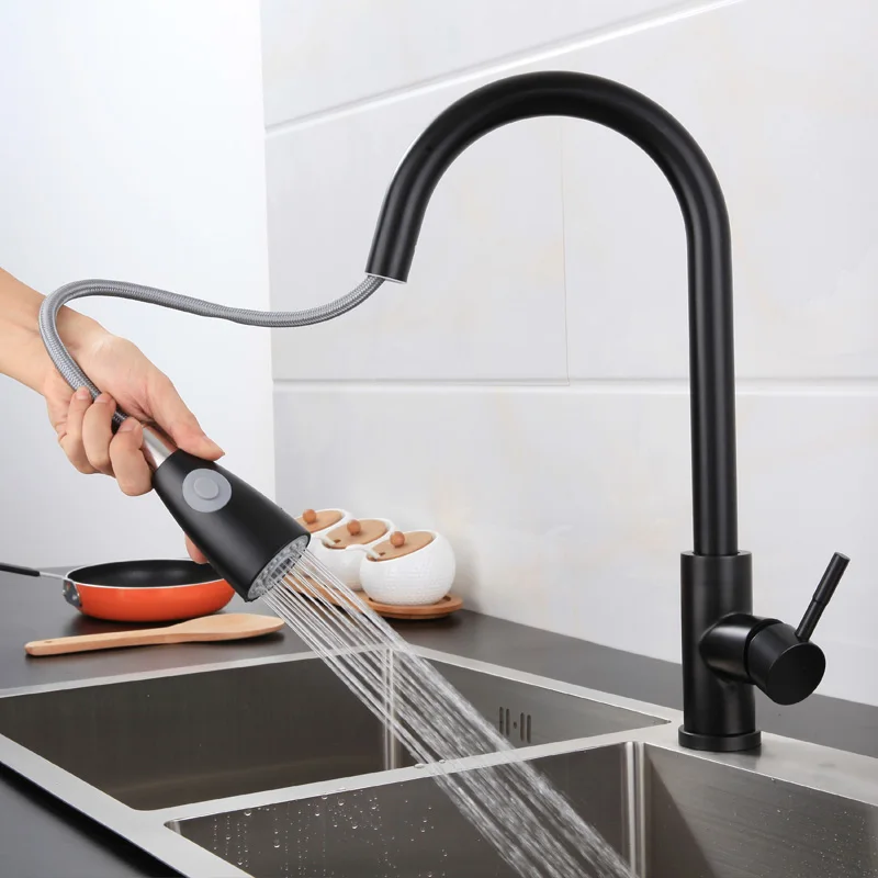 

kitchen sink faucet 304 Stainless steel pull out brushed faucets black tap cold and hot mixer single hole Deck Mounted taps