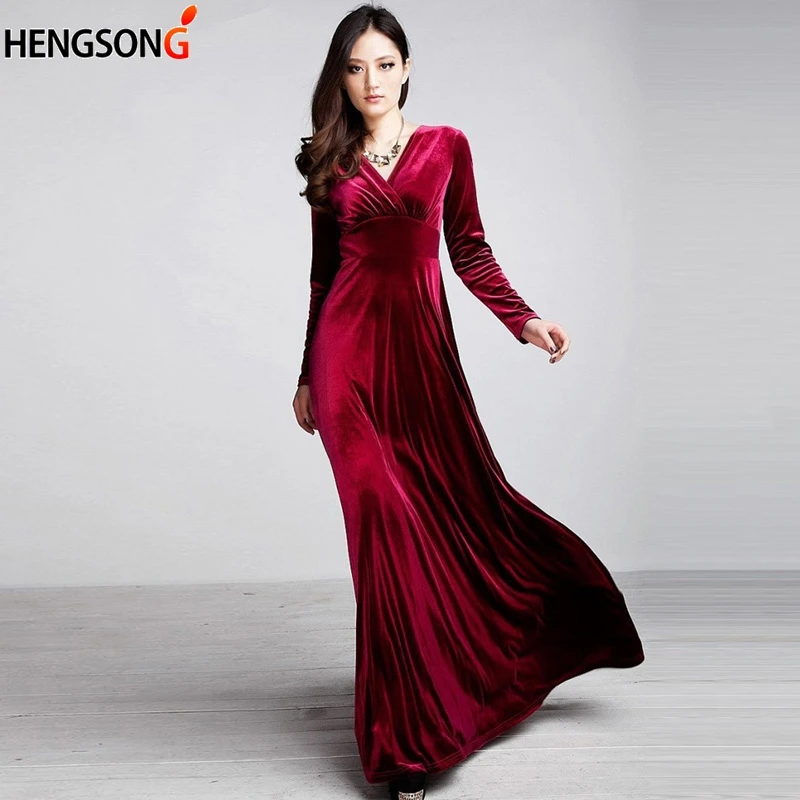 

Wine Red Wedding Party Dresses Vestido 2019 Autumn Winter Velvet Dress Women Elegant Vintage Slim Pleated Ball Gown Dress Long