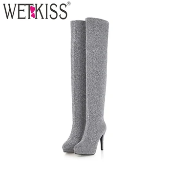 

WETKISS Winter Warm Thin High Heels Women Boots Platform Stretch Boot Rubber Party Lady Shoes 2018 New Over The Knee Footwear