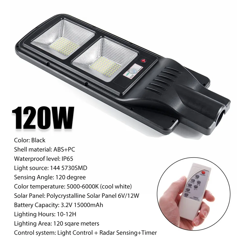 

New LED Street Light 120W LED Solar Light Radar PIR Motion Sensor Wall Timing Lamp with Remote Waterproof for Plaza Garden Yard