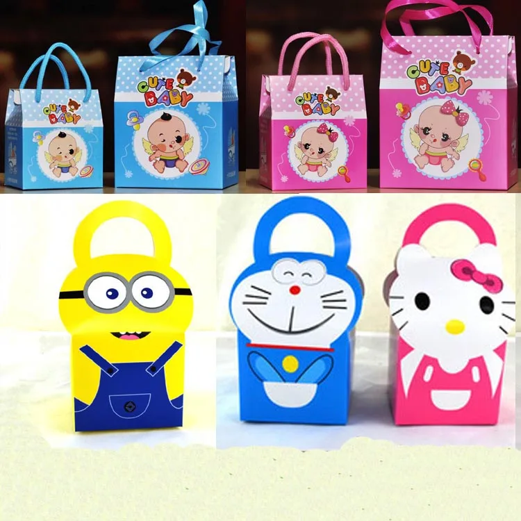 Image Free Shipping 20 X Baby Shower Candy Box Cartoon Doraemon Minions Gift Box Cute Baby Candy Bag For Kids 1st Birthday Party Gift