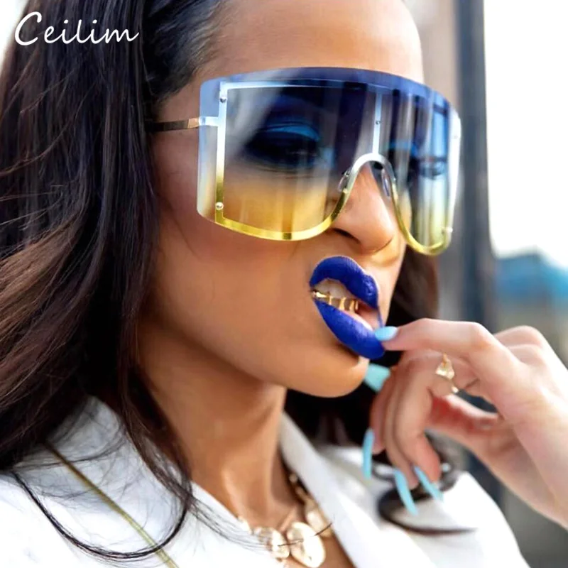 

2019 New One Piece Oversized Sunglasses Women Luxury Brand Designer Big Rimless Gradient Shades for Lady Clear Blue Sun Glasses