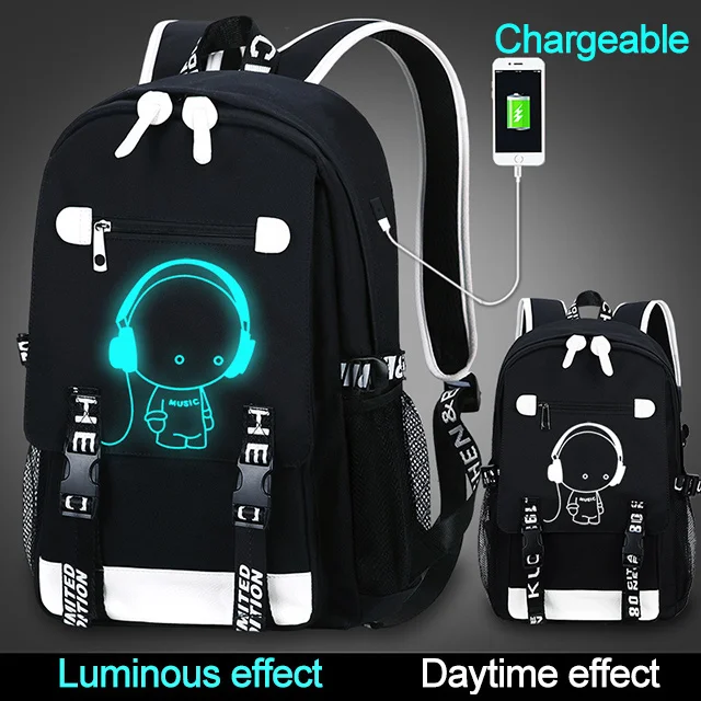Student School Backpack 3D Luminous Animation USB Charge School bag for Teenager boy anti-theft children's backpack schoolbags - Цвет: Music boy one