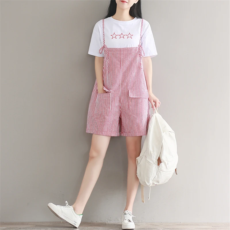 new-women-cute-loose-striped-strap-short-suit-jumpsuits-summer-2018-short-t-shirt-casual-romper-star-embroidery-women-solid-tops