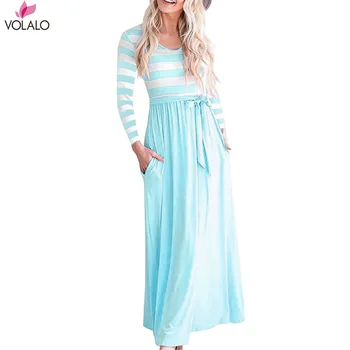 

VOLALO 2019 Plus Size Women Spring Autumn Long Sleeve Maxi Dress High Quality Brand Print Striped Long Dresses Feminine Vestidos