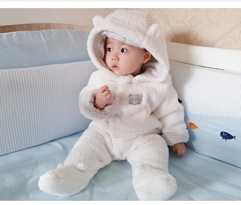 Одежда для новорожденных мальчиков и девочек; зимний комбинезон унисекс с плюшевой подкладкой и капюшоном с изображением медведя; теплый костюм для малышей