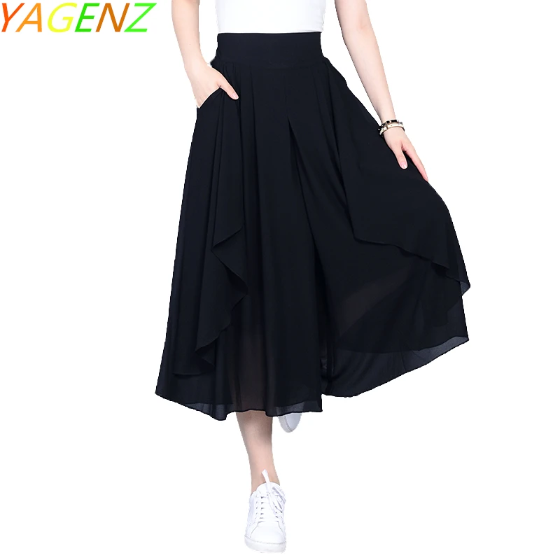 

YAGENZ2017 Chiffon Wide leg pants Female Summer Seven points pants High waist Pleated Big size Wide leg pants Casual Skirt Pants