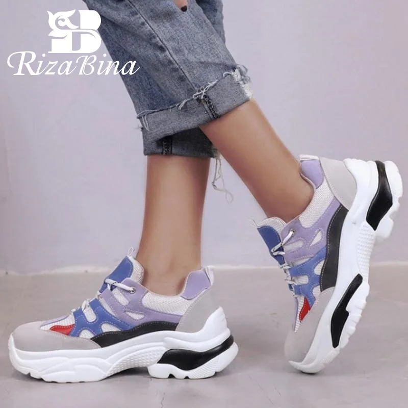 

RIZABINA Casual Girl Vulcanized Shoes Platform Wedges Mixed Color Cross Tied Sneakers Mountain Hiking Shoes Women Size 35-40