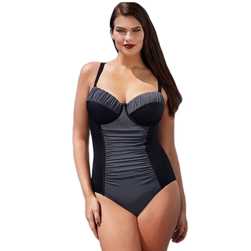 La Chilly 2017 Sexy Swimwear Women LC410028 Swimsuit Summer Black Grey Shoulder Strap Ruched One Piece Monokini Plus Size XL-4XL plus-size-black-swimsuit : image La Chilly 2017 Sexy Swimwear Women LC410028 Swimsuit Summer Black Grey Shoulder Strap Ruched One Piece Monokini Plus Size XL-4XL plus-size-black-swimsuit