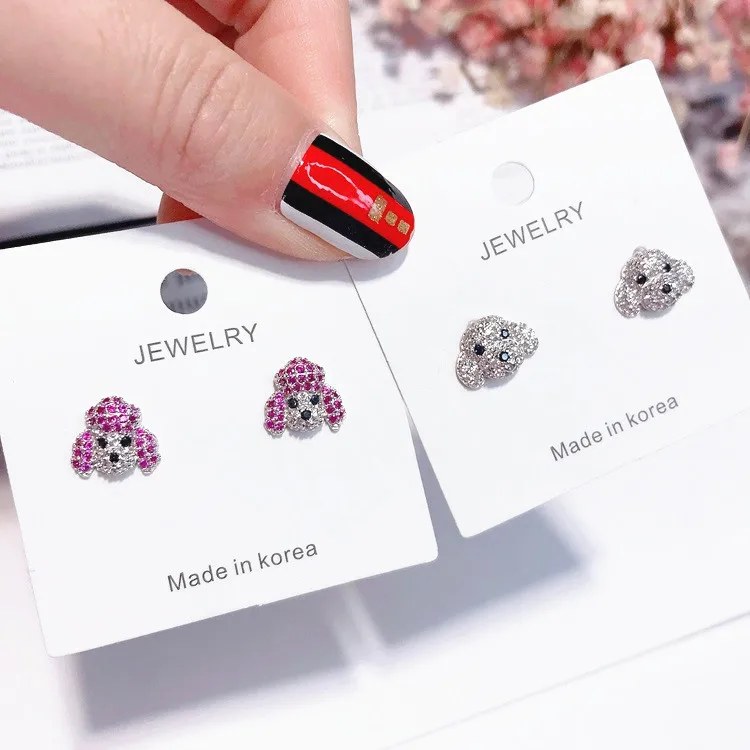 cute dog full zircon 925 silver pin Hypoallergenic fadeless alloy fashion jewelry stud earrings for women gift