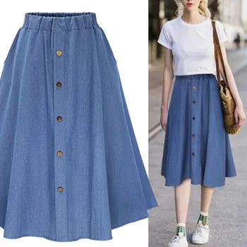 

Denim Jeans A-line Women's Midi Skirt High Waist Button Students Skirts Women 2019 Summer Autumn College Clothes Plus Size XXXL
