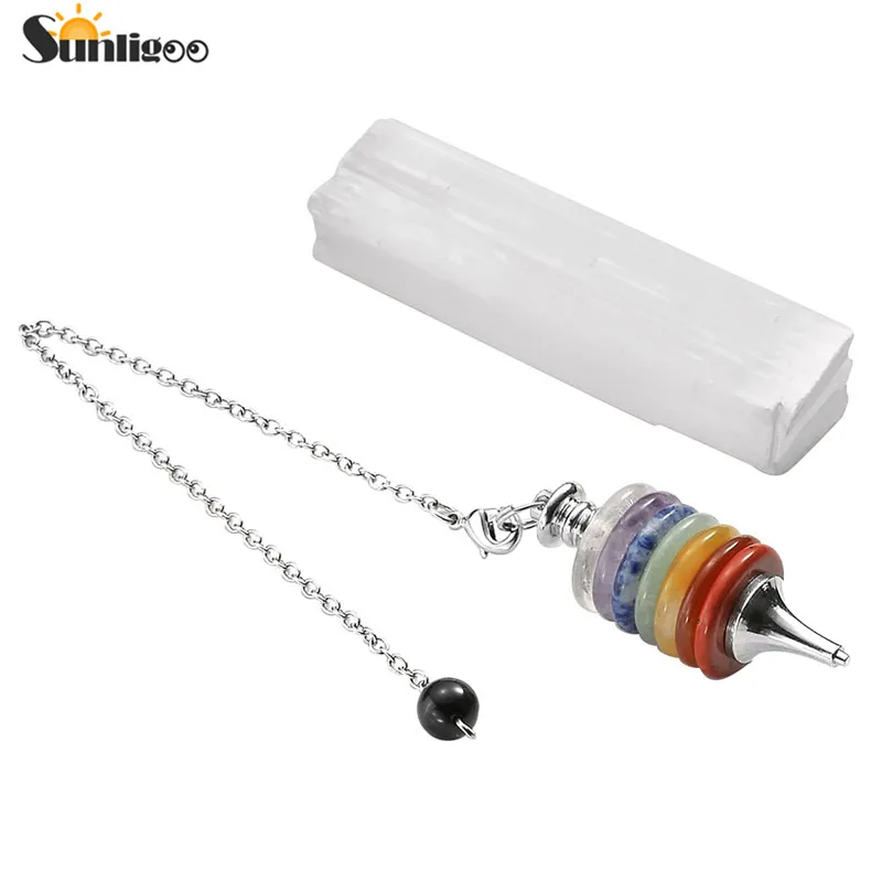 

Sunligoo New 7 Chakra Healing Crystals Dowsing Pointed Pendulum Natural Selenite Crystal Stick Wand Kit Therapy Gemstones Set