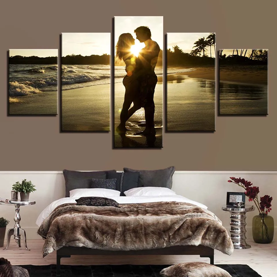 Modular Canvas Painting 5 Pieces Men With Woman Sunset Sunshine