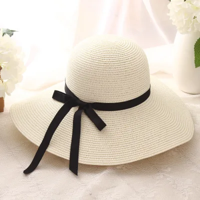 Летняя соломенная шляпа для женщин с большими широкими полями, пляжная шляпа от солнца, складная Солнцезащитная шляпа с защитой от ультрафиолета, Панама, шляпа для женщин - Цвет: Milk white