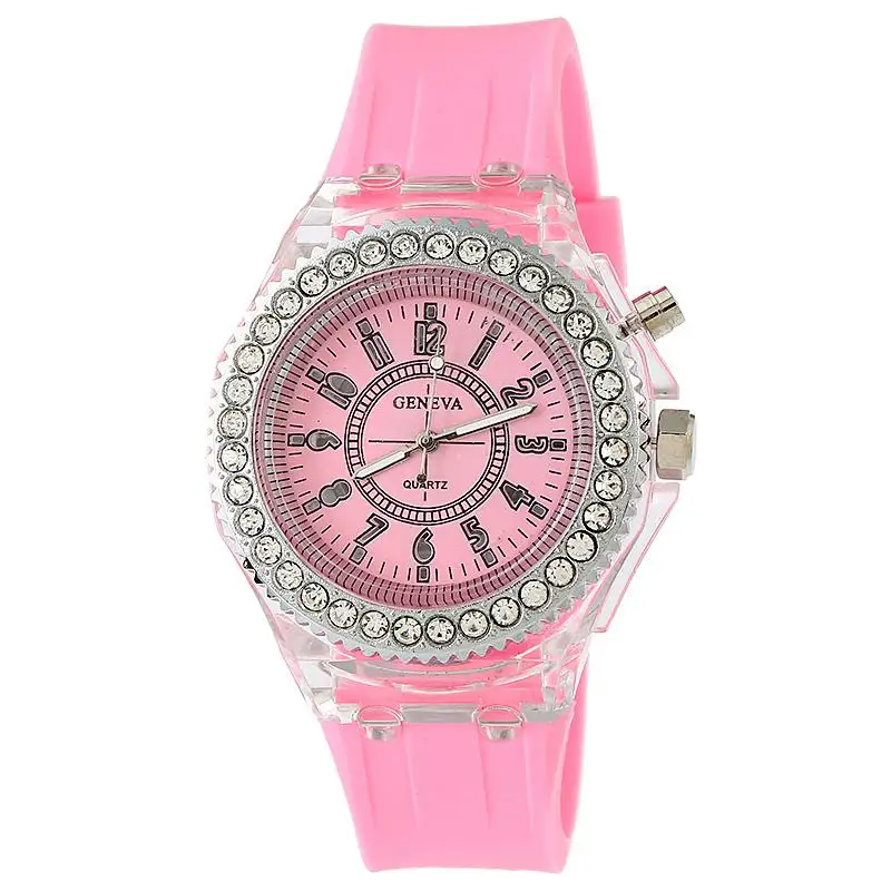 Gnova Platinum женские часы с большим циферблатом в Женевском стиле, мигающий светодиодный светильник черного цвета, модные наручные часы, стразы, часы с силиконовым кристаллом - Цвет: Розовый