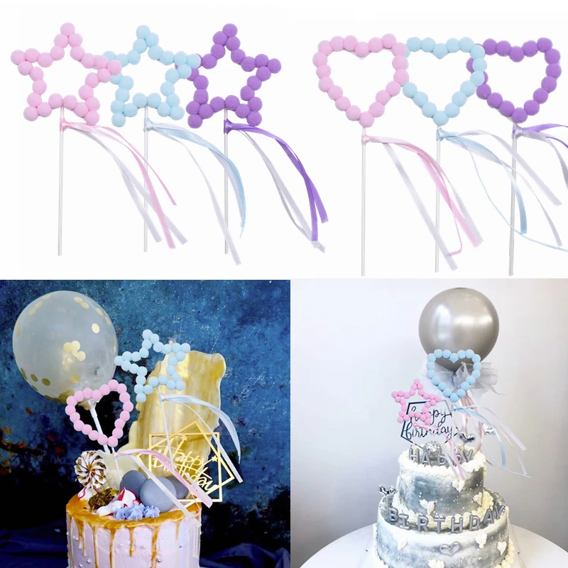 

3/5sets Plush Balls Cake Topper Star Heart Shaped Dessert Toppers for Wedding Birthday Party Baking Decor Cake Flags Supplies 7z