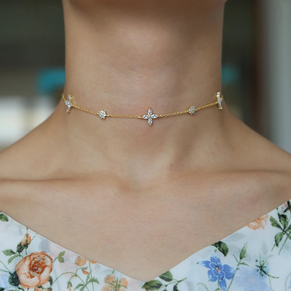 

cz leaf flower charm choker necklace 32+8cm chocker for women gift jewelry cute lovely women cz station chain necklaces