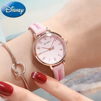 

Disney Mickey Mouse Ladies Leather Strap Quartz Waterproof Watch Women Pink Red Clock Girl Love Watches Best Gift Student Reloj
