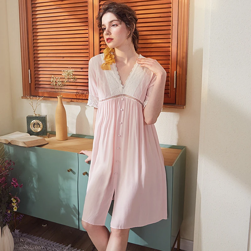 

Roseheart Women Fashion Pink Blue Sexy Sleepwear Nightdress Lace Bow V Neck Nightwear Sleepshirts Luxury Nightgown Female Gown