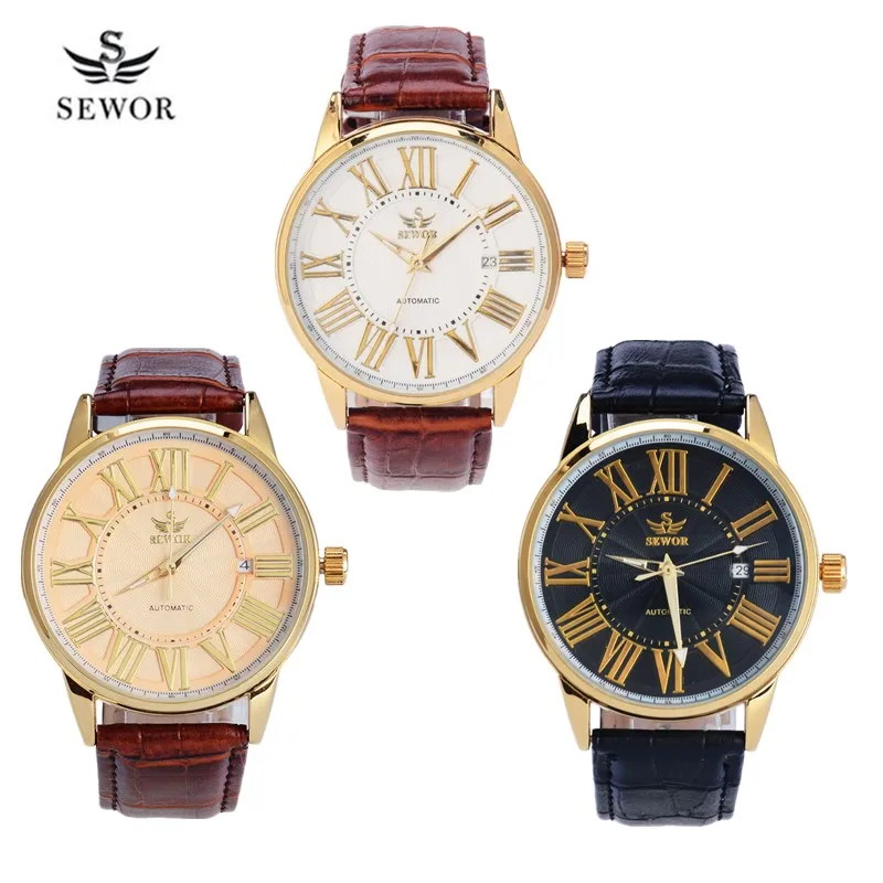 

Automatic Mechanical Watches Men Retro Roman Number Self Widing Mens Wrist Watches Business Date Male Antique Leather Clock 40