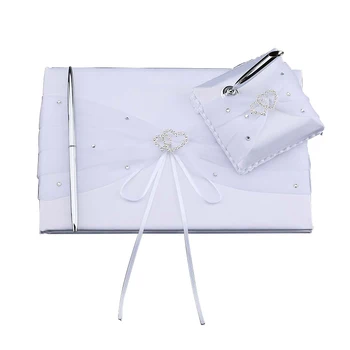 

European Style Double Heart Diamante Embellished Satin Wedding Signature Guestbook Pen and Stand For Party Wedding accessories