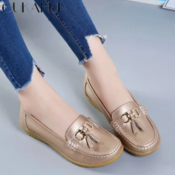 

Oukahui Autumn Genuine Leather Female Flat Shoes Women Casual Metal Decoration Bowknot Soft Bottom Plus Size Lady Comfort Shoes