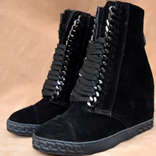 Популярная весенняя обувь для девочек с металлическими цепочками, на шнуровке, с высоким берцем, женская обувь, увеличивающая рост, на толстой подошве, Bottines, женские ботильоны
