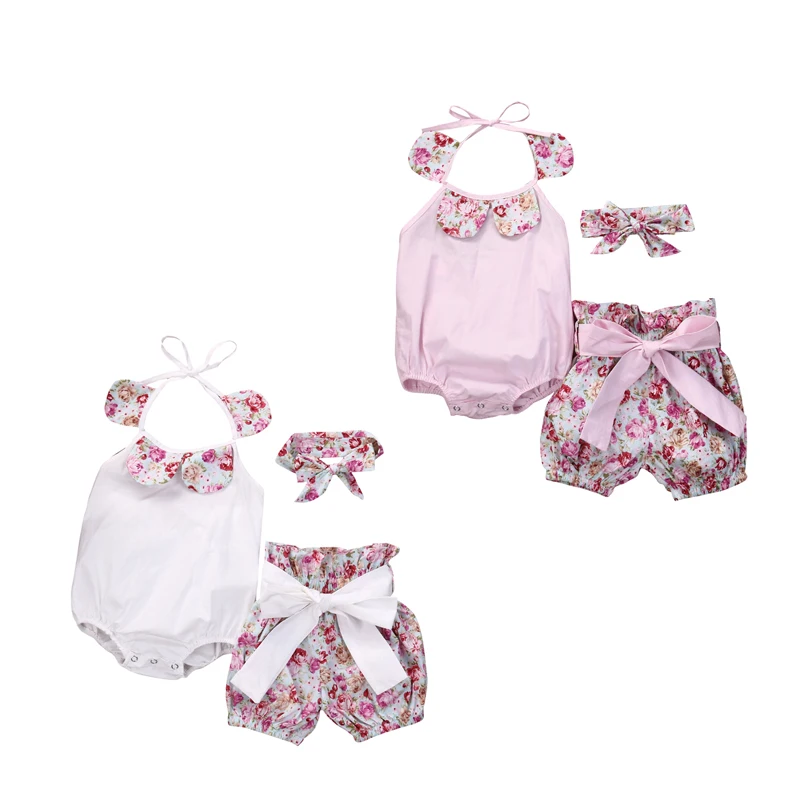 2017 Fashion Cute Baby Girls Sets Sleeveless O-Neck Covered Button Solid Floral Print Romper Tops Short Pant Headband 3PCS 0-24M | Мать и
