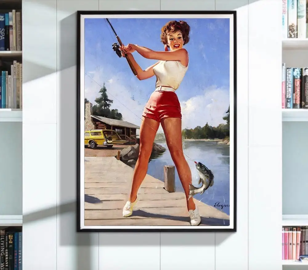

Sexy Fishing Girl Pop Art Pin-Up Vintage Poster Classic Retro Kraft Decorative Map Wall Canvas Sticker Home Bar Posters DIY Deco