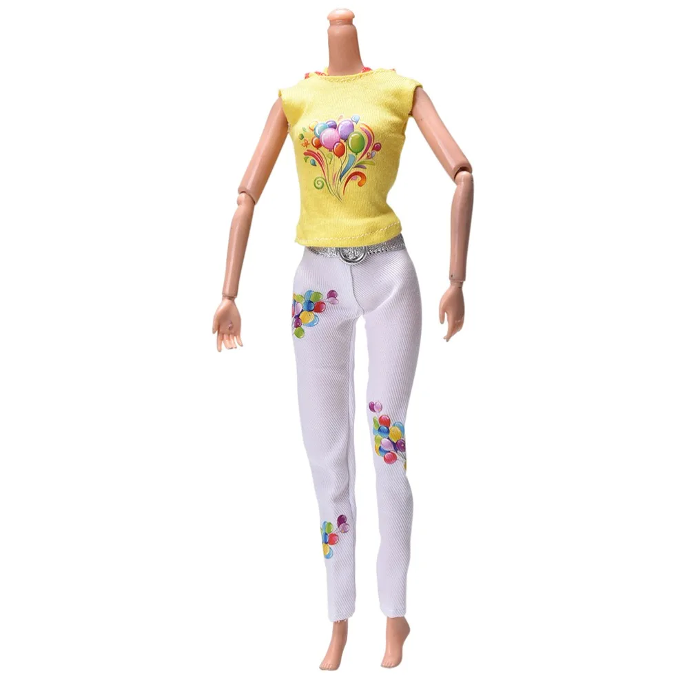 

1 Set= Yellow Tank+ White fashion Pant Suits For Barbie Summer Flower Print Dolls Clothing For Girls Toy Gifts high quality