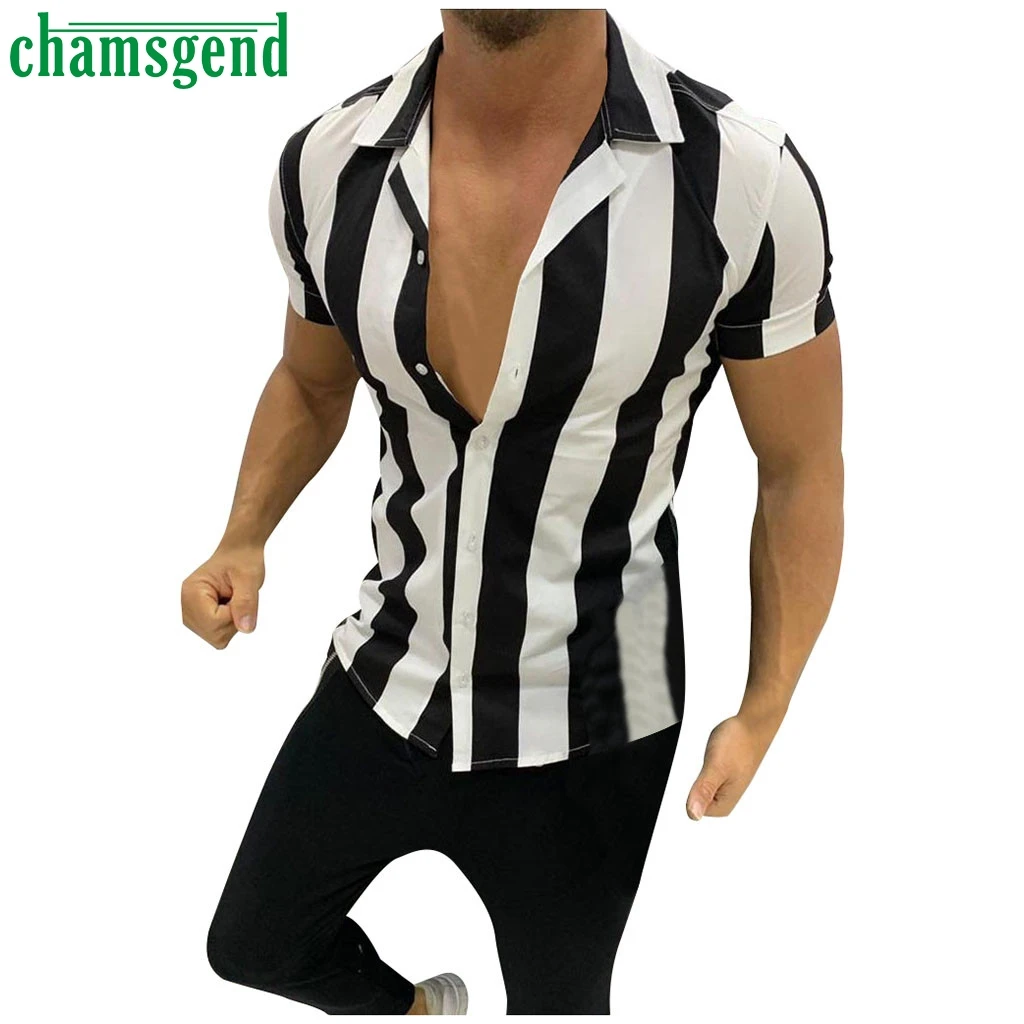 

Chamsgend Men Shirts Casual Multicolor Striped Lapel Shirts 2019 New Arrivals Fashion Short-Sleeve Top Blouse Men Shirt Summer #