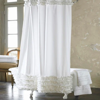 

Promotions Home Decoration Bathroom Shower Curtain Waterproof Solid Polyester Fabric Lace Bath Curtain Elegant Cortina +12 Hooks