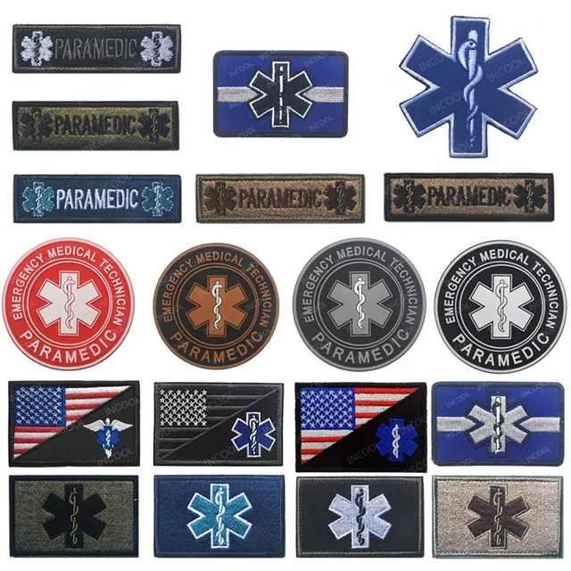 Accessoire Secourisme Lot De 4 écussons Brodés Croix Ambulancier - 5x5cm - Fermeture Velcro - Bleu/rouge écusson EMT