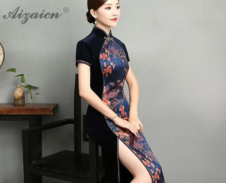 Оригинальный ретро черный длинный Cheongsam Китайский Femme элегантный тонкий Qi Pao платья китайское традиционное платье Ципао Восточный стиль