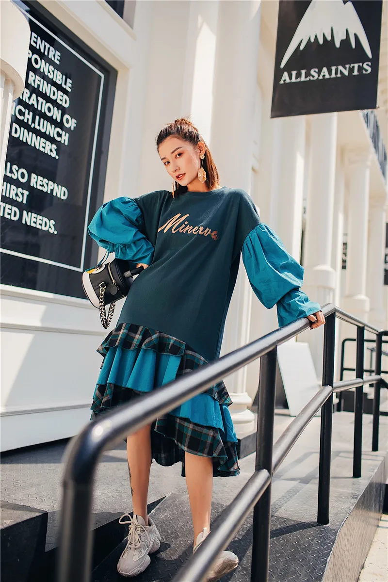 Cheerart Ruffle Sweatshirt Dress Women Long Puff Sleeve