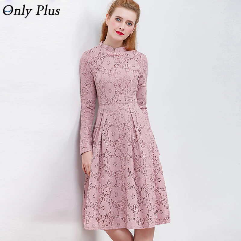 

ONLY PLUS Women Pink Lace Dress Winter Long Sleeve Office Evening Party Dress A-Line Hollow Out Chinese knot Vestidos
