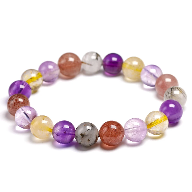 

Colorful Natural Amethyst Stone Bracelets For Women Stretch Strawberry Quartz Round Bead Natural Rutilated Bracelet Gift